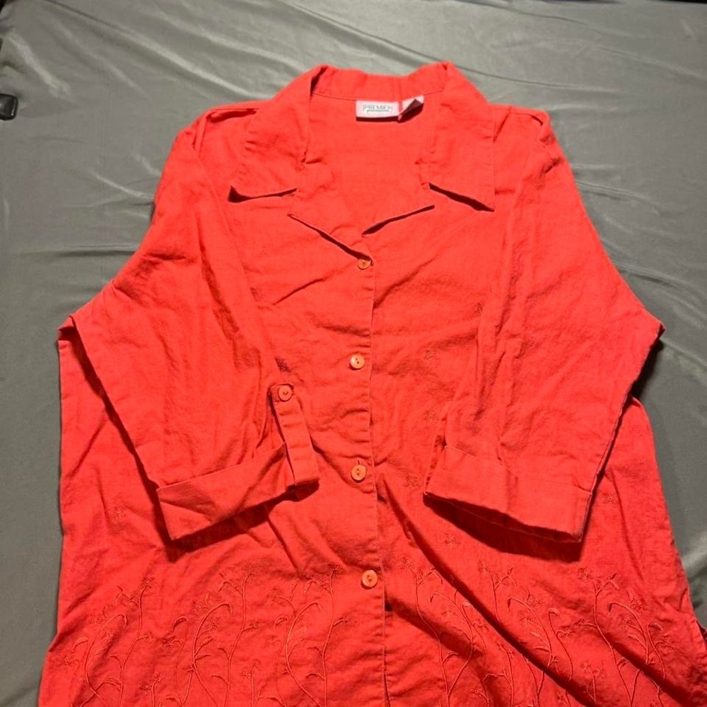 Premier International Womens 20W Coral Red Linen Cotton Embroidered Shirt Top